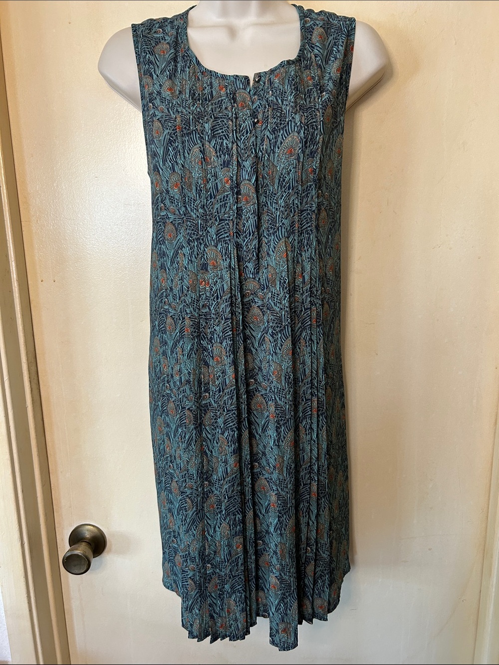 DR2 Teal Green Peacock Feather Pleated Midi Dress size S
